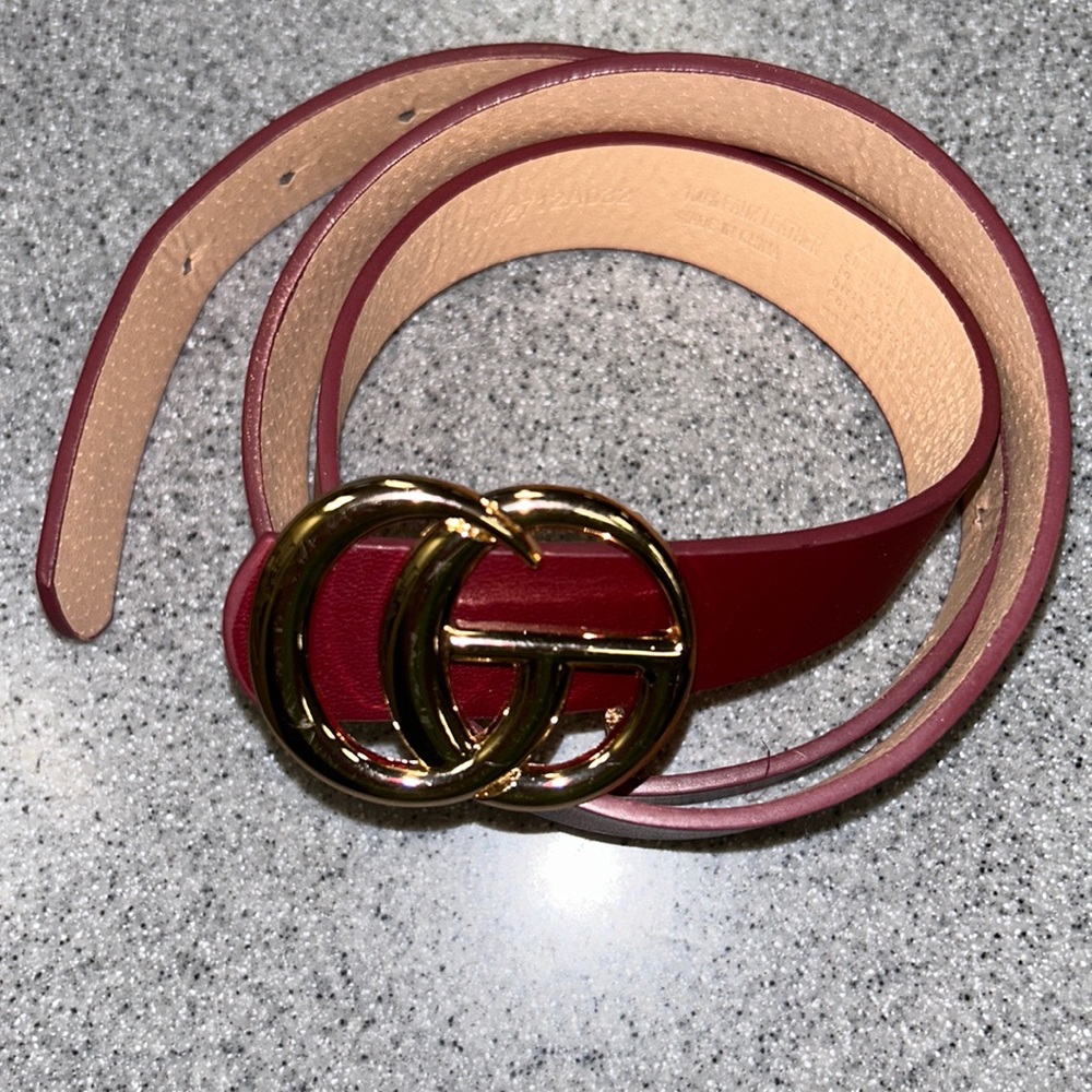 STYLISH Gold and maroon belt with 2 in buckle long changeable vegan leather belt
